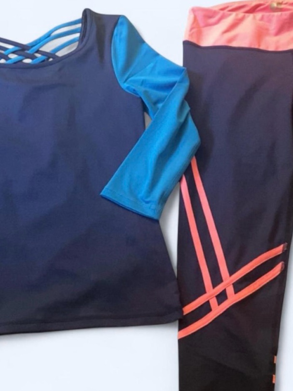 Navy Active Top & Leggings Set with Teal and Coral Accents